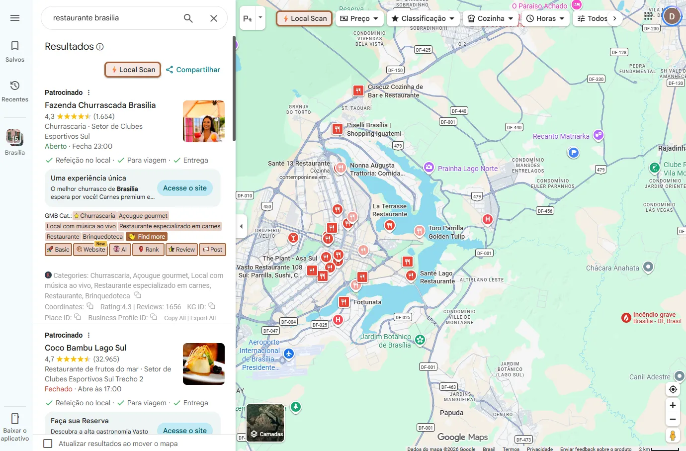 A sponsored steakhouse listing on Google Maps with the categories injected by the GMB Everywhere extension: churrascaria marked as primary and five secondary ones, among them a playroom category